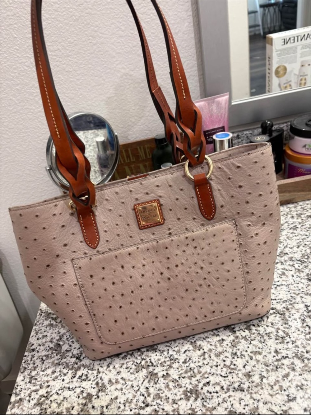 Dooney & Bourke Blush Ostrich-Embossed Tote with Brown Leather Straps